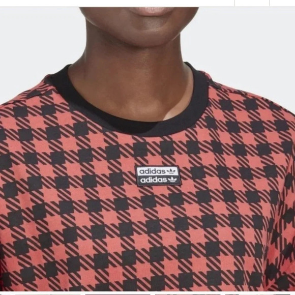 Adidas Red/Black Checked Crop T-Shirt Sz L - Picture 2 of 9